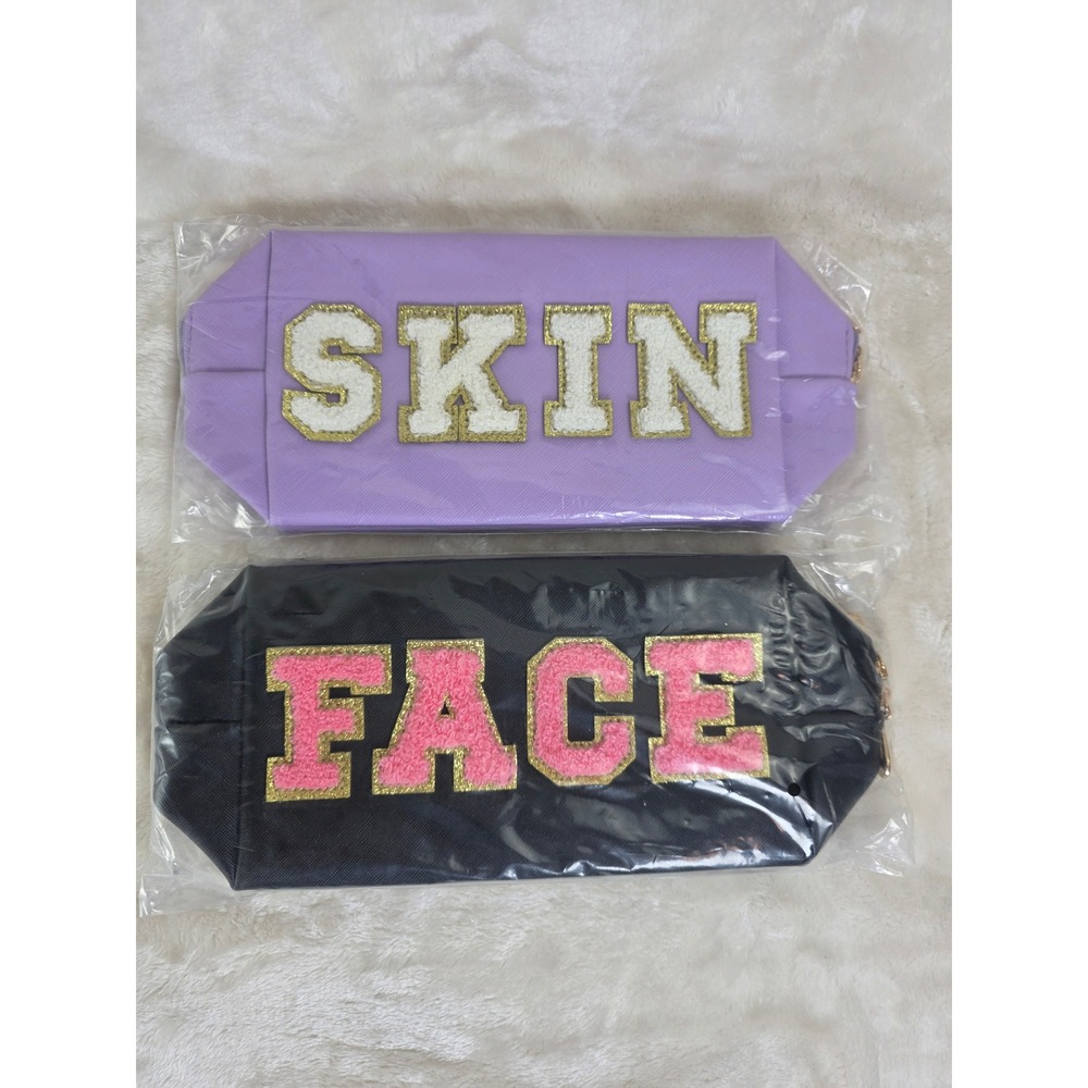 Set of 2 Makeup Bags Lavender and Black with Letter Patches SKIN FACE‎
